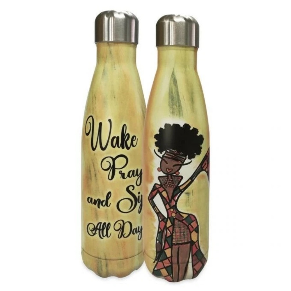 Wake Pray and Sip All Day Stainless Steel Water Bottle,art by Kiwi McDowell